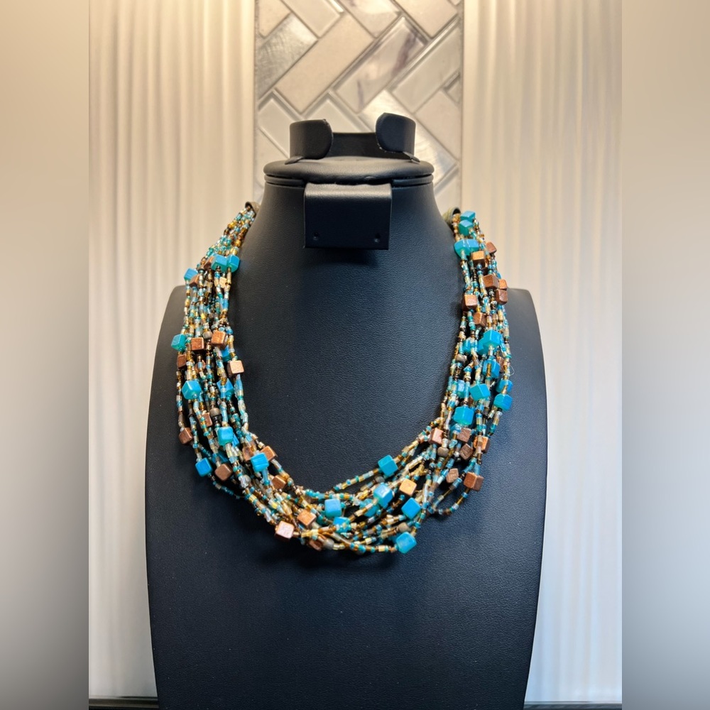 Vintage Multi Strand Beaded Necklace Blue and Brown